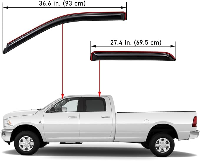 WV194109 Extra Durable In-Channel Wind Deflector Visor Rain Guard, Fit 2009-2018 Dodge Ram 1500 Crew Cab; 2010-2026 Ram 2500 & 3500 Crew & Mega Cab; 2019-2024 Ram 1500 Classic Crew Cab, Smoke, 4-Pcs