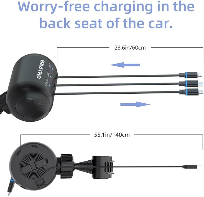 Multi Car Retractable Backseat 3 in 1 Car Charging Station Box Compatible with All Phones | iPhone | Samsung | Uber Taxi Lyft Turo Ride Share Customer Charging Dock Attach to Headrest