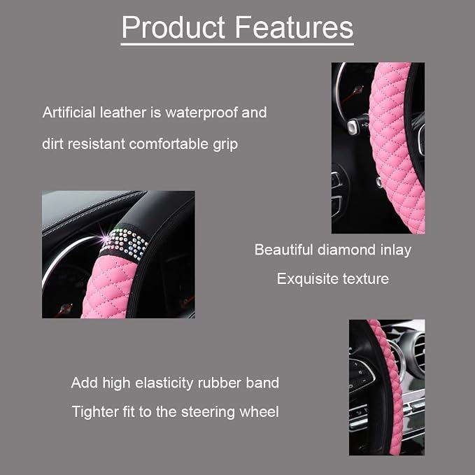 Microfiber Leather Steering Wheel Cover with Anti-Slip Lining Universal Car Accessory for Steering Wheel with a Diameter of 14.5-15 inch (Pink)