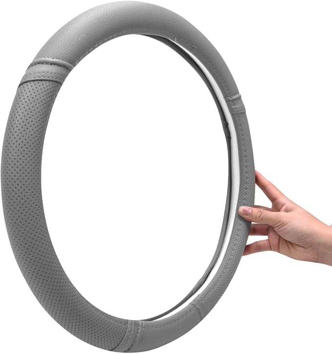 Classical Leather Automotive Universal Steering Wheel Covers,Universal Fit for Suvs,Trucks,Sedans,Cars,Vans,14.5-15inch Anti-Slip Safety Comfortable Desgin(Gray)