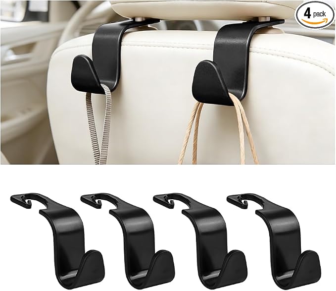 Car Seat Headrest Hook, 4PCS Vehicle Seat Back Hanger Storage Organizer for Handbag Purse Coat, Auto Interior Headrest Hook, Universal for SUV Automobile Truck (Black)