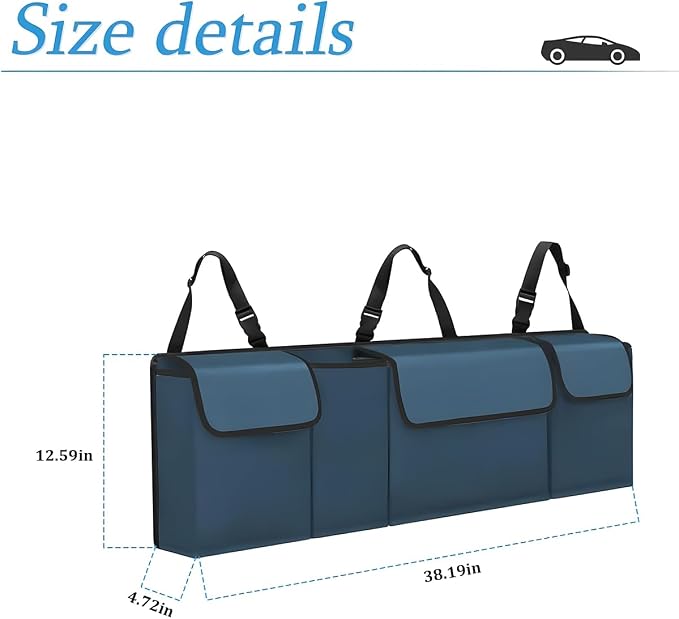 Car Trunk Organizer, Backseat Hanging Large Storage with Adjustable Straps, Waterproof Collapsible Cargo Bag with 4 Pockets, Sturdy Space Saver Frees Trunk Floor for SUV, Truck, MPV