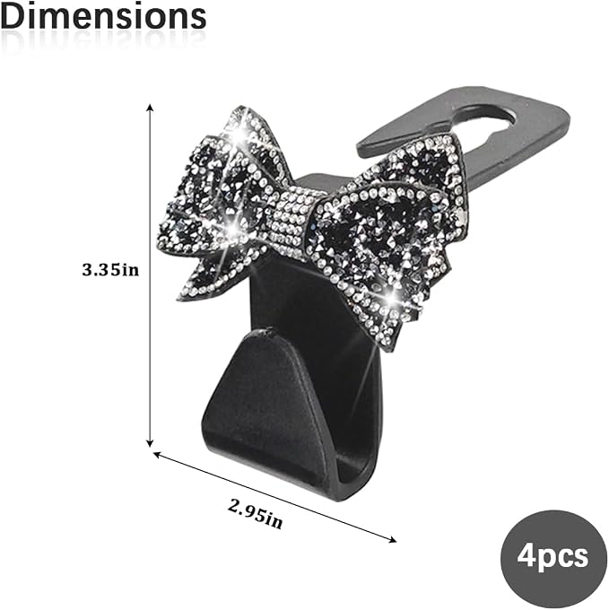 Zpana Bling Car Headreat Hook, 2PCS Crystal Rhinestone Cute Bow Vehicle Seat Back Hanger Storage for Purses Bags Grocery, Diamond Auto Rear Seat Organizer, Universal for SUV Truck Sedan (Pink)
