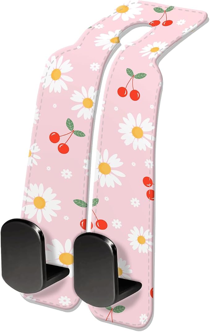 Car Seat Headrest Hook, Universal Leather Cute Hanger Holder Hook, Storage Organizer Interior Accessories for Purse Bags Handbag Cute Daisy Cherry