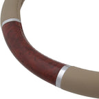 Dark Wood Grain Car Steering Wheel Cover, Standard 15 inch with Beige Faux Leather Grip, Made to Fit Most Auto Truck Van SUV
