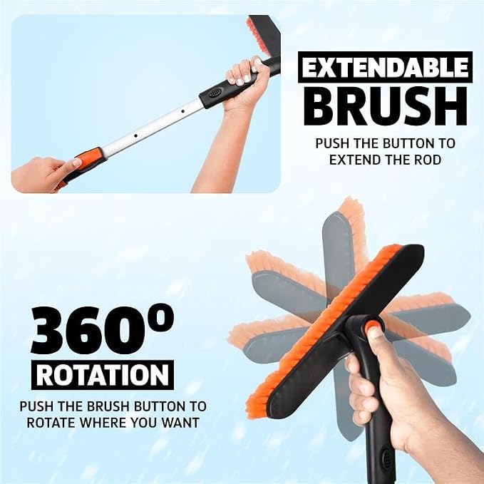 63" Extendable Snow Brush & Ice Scraper with 360° Pivoting Head | Telescopic Aluminum Handle | Extra Long Snow Brush for Car Windshield, Roof & SUVs | Heavy Duty Ice Scraper for Trucks