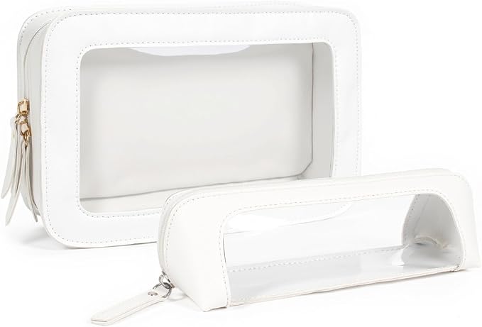 2Pack Clear Makeup Bags Set, Small Clear Makeup Bag, PU Leather Travel Makeup Brush Case Portable Transparent Waterproof Cosmetic Organizer Pouch with Zipper for Women(2Pack-White Set)