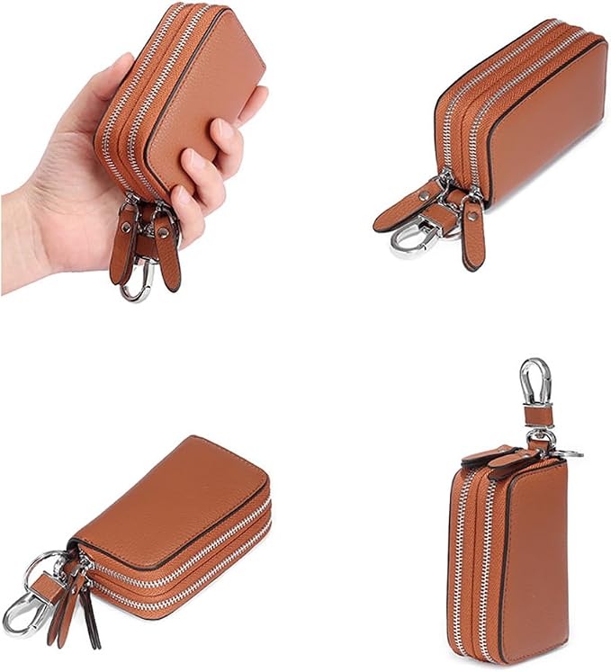 Key Fob Case Genuine Leather, Double Zipper Car Key Holder & Key Wallet with Keychain, Key Pouch for Purse Gift