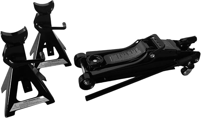 2.5 Ton Car Truck Floor Jack Service Heavy Duty Steel Hydraulic Low | Profile Jack with 2 Jack Stands Tire Repair Kit for Garages Automotive Repair Shops Lifting Range 3.3"-15"