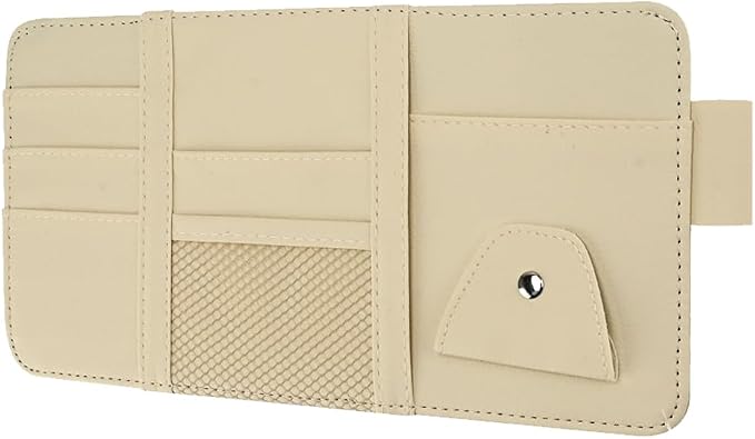 Car Sun Visor Organizer with Sunglasses Holder, Multi-Pocket Visor Storage Pouch Case for Ticket Card Phone Money, Auto Interior Sunvisor Organizer Bag, Universal for SUV Van Truck (Beige)