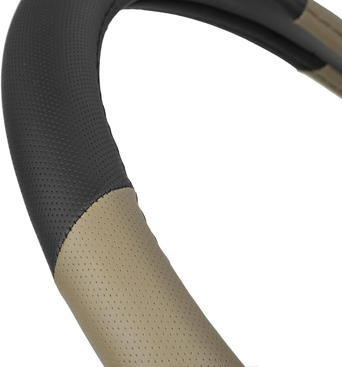Two Tone Perforated PU Leather Steering Wheel Cover for Car Van SUV Truck, 14.5 to 15 inch, Standard, Beige