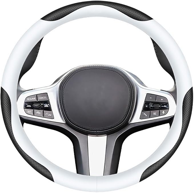 Leather Car Steering Wheel Cover, Elegant, Fashionable, Comfortable, Non-Slip, Breathable, Universal 15 inch, Black and White