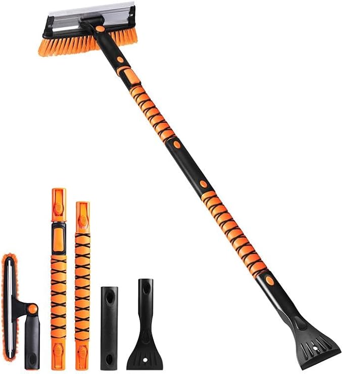55" Telescopic Snow Brush and Ice Scraper for Car Windshield & Windows | 270° Rotating Snow Broom with Squeegee | Extendable Snow Removal Brush for SUV, Truck, and Car