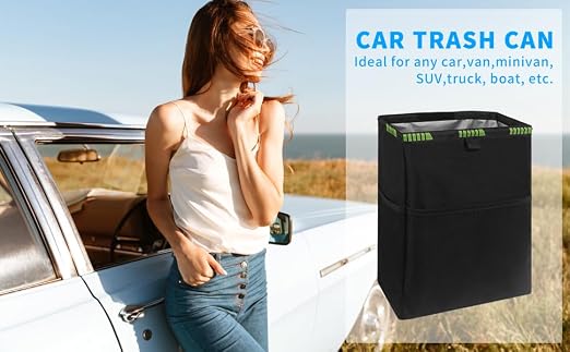 Hanging Car Trash Can with 4 Storage Pockets, Waterproof Leakproof Oxford Auto Garbage Bag, Adjustable Garbage Bag, Foldable Car Trash Bin Fit for Truck, SUV, Home, Office