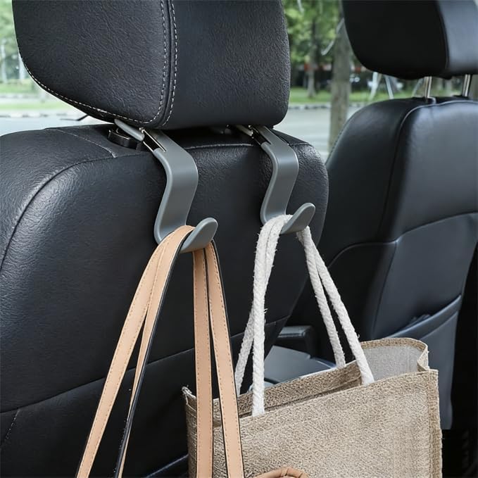 4-Pack 360° Rotating Car Seat Headrest Hook 4 Pack Hanger Universal Vehicle Car Storage Organizer for Handbag Purse Coat with Clip Gray