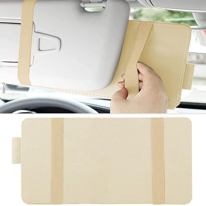 1 Pack Car Sun Visor Organizer, Sunglasses Holder for Car Sun Visor, Auto Interior Accessories Pocket Organizers Can Store for Sunglasses, Documents, Cards, Pen, Drivers License (Beige)