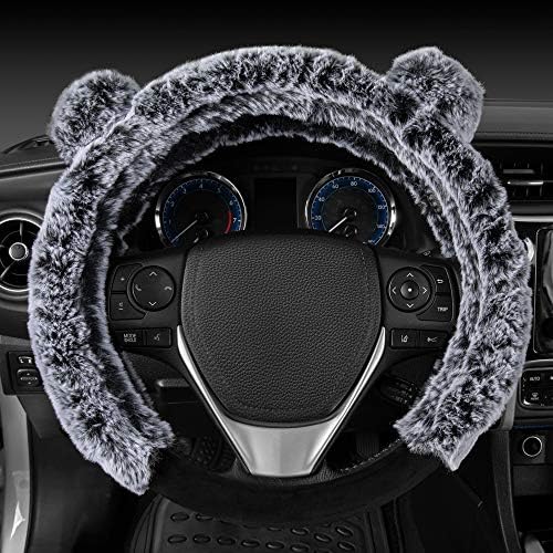 Bear Fur Plush Steering Wheel Cover - Cute Faux Wool Protector for Women Girls Fits Wheels 14.5-15 inch Gray - with Ears