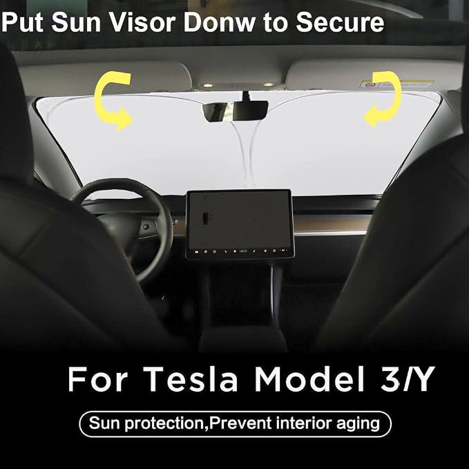 Windshield Sun Shade for 2017-2026 Tesla Model Y/Model 3 Sunshade Accessories Foldable Sunshade (Fit 2025-2026 Model Y Juniper/ 2024 Model 3 Highland) Blocks UV Rays Keep Car Cool (Red)