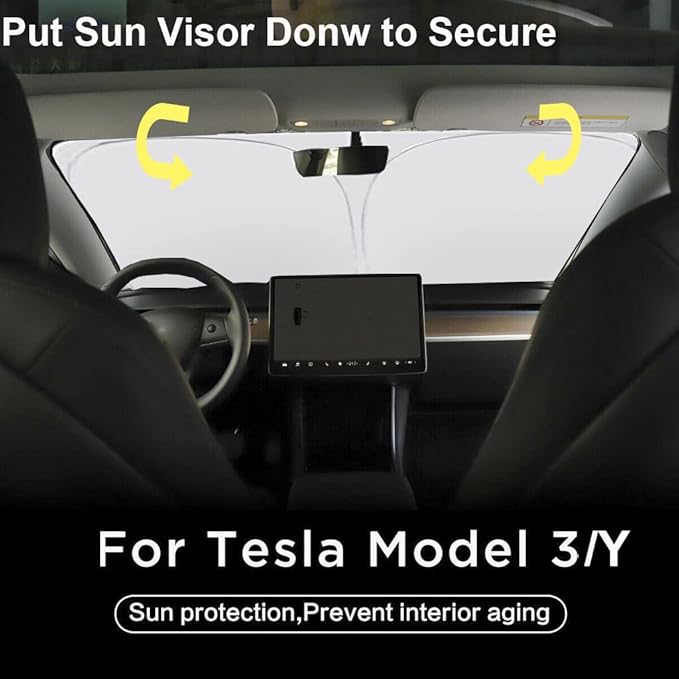 Windshield Sun Shade for 2017-2026 Tesla Model Y/Model 3 Sunshade Accessories Foldable Sunshade (Fit 2025-2026 Model Y Juniper / 2024 Model 3 Highland) Blocks UV Rays Keep Car Cool (Black Eyes)