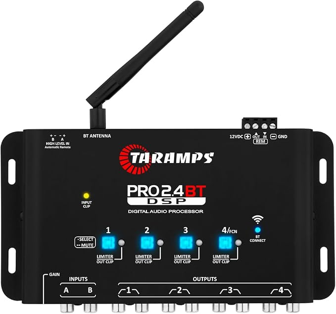 Pro 2.4 BT Bluetooth DSP Crossover Full, Digital Signal Processor, Car Audio Equalizer with App, Gain up to 9V, 15 Band Graphic Equalization, 12 preset EQ, 2 in and 4 Out, High Level Input