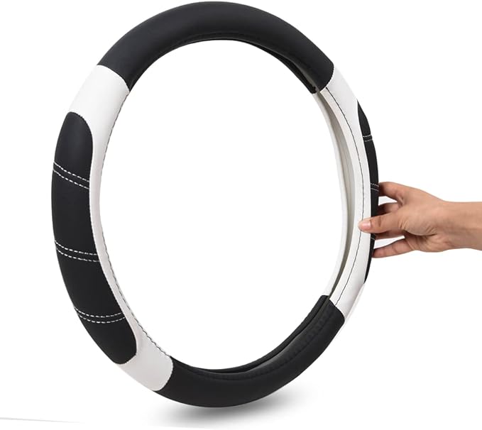 Line Rider Microfiber Leather Sporty Steering Wheel Cover Universal Fits for 95% Truck,SUV,Cars,14.5-15inch Anti-Slip Safety Comfortable Desgin (Black-White)