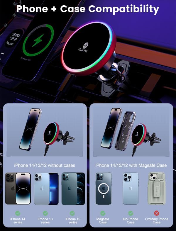 for Magsafe Car Mount Charger-15W Wireless Car Charger-Magnetic Car Phone Holder for Dash Air Vent-LED RGB HandsFree Car Mount Fast Car Charger for iPhone 16 15/14/13/12 Series RED