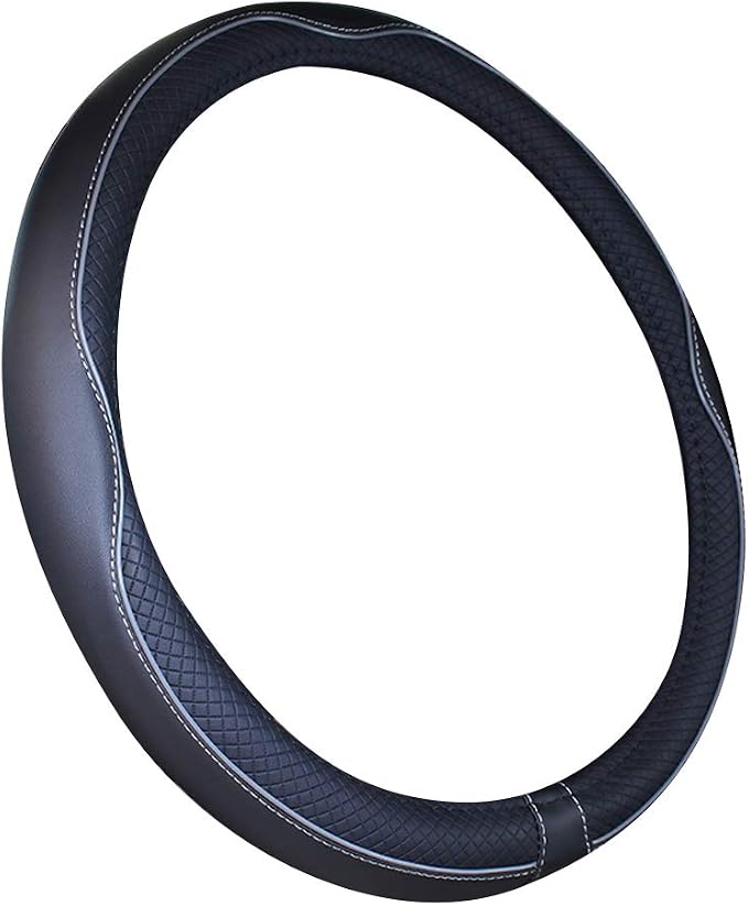 Universal Standard Size Steering Wheel Cover Anti-Slip,Safety,Soft,Breathable,Durable,Full Surround,Comfortable Grip Microfiber Leather (14.5-15 inch,Black Gray)