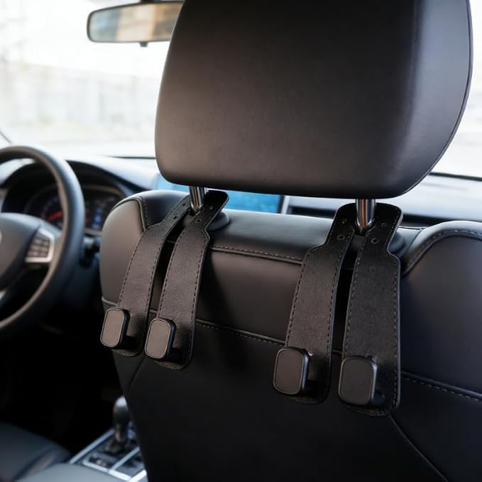 Headrest Hooks for Car, 2 Pack Twin Hook Leather Car Seat Headrest Hangers, Luxurious Heavy-Duty 100% Metal Purse & Bag Holder, Seat Back Storage Organizer for Travel, Black