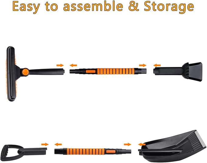 ABS Aluminum 41" Snow Brush Ice Scraper with Snow Shovel 4-in1, Foam Grip, Orange Black, Extendable Handle, 180° Pivoting Head w/Wiper Blade, for Car Truck SUV Winter Christmas Home Use