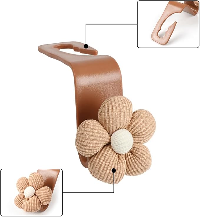 4PCS Car Headrest Hooks, Cute Flower Vehicle Seat Organizer Hooks for Purses and Bags, Portable Automotive Purse Hanger Holder Decoration, Universal for SUV, Sedan, Truck (Orange/Brown)