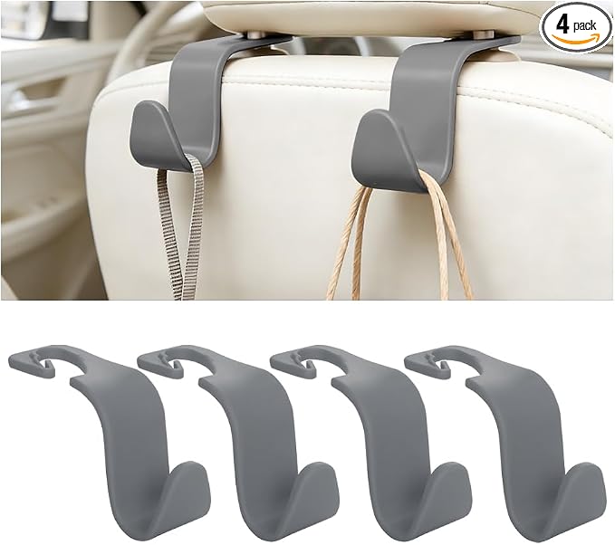 Car Seat Headrest Hook, 4PCS Vehicle Seat Back Hanger Storage Organizer for Handbag Purse Coat, Auto Interior Headrest Hook, Universal for SUV Automobile Truck (Gray)