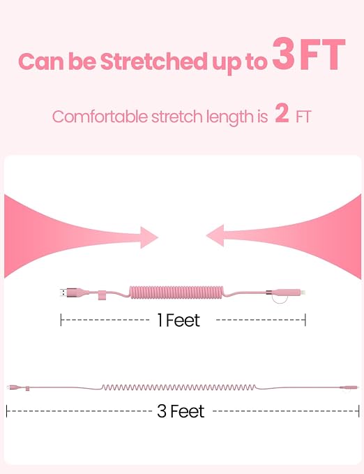Pink Coiled Car Charging Cable 2-in-1 (USB-C & Lightning), 3FT Cute Car Accessories for iPhone 17/16/15, Samsung Galaxy — Supports Apple CarPlay & Android Auto