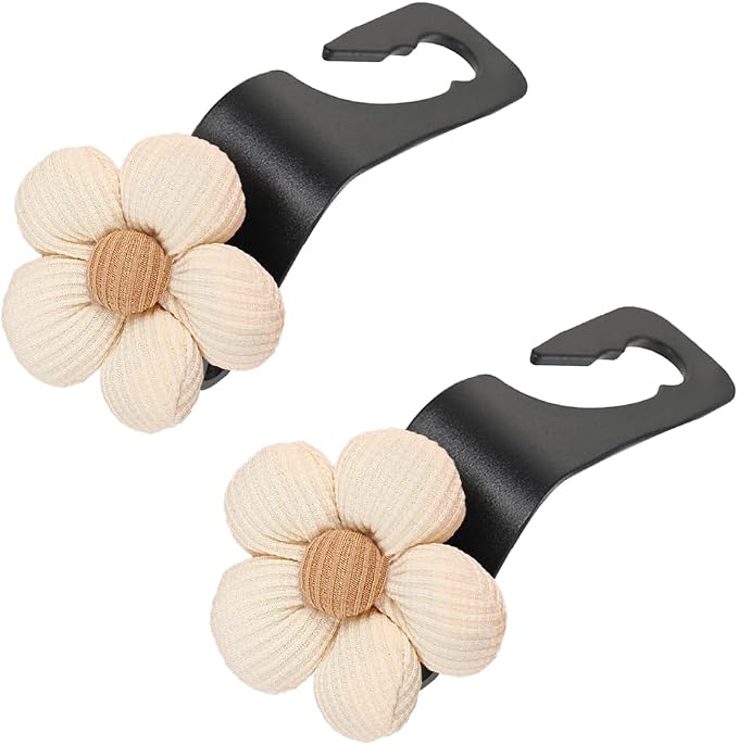 2PCS Car Seat Headrest Hook, Cute Flower Vehicle Backseat Purse Handbag Storage Hanger, Floral Auto Seat Back Holder Hook for Coat Umbrella Grocery, Universal for Vehicles (Beige)
