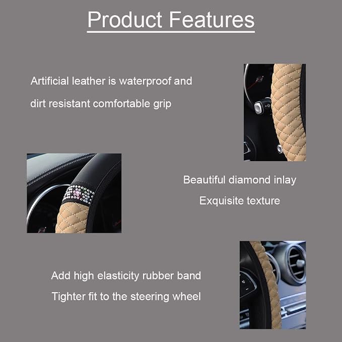 Microfiber Leather Steering Wheel Cover with Anti-Slip Lining Universal Car Accessory for Steering Wheel with a Diameter of 14.5-15 inch (Beige)