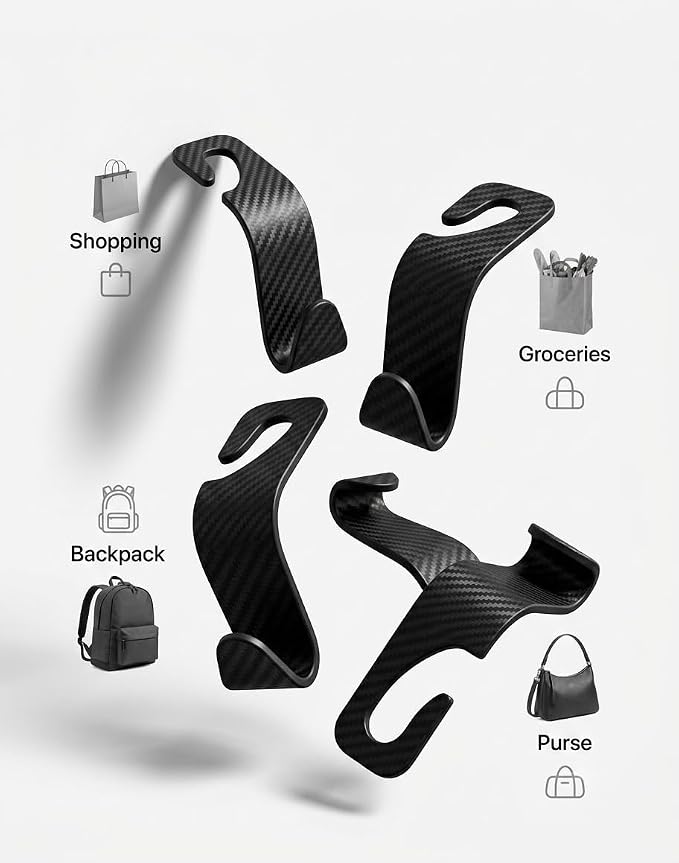 Carbon Fiber Car Seat Headrest Hooks, 4 Pack Car Back Seat Organizer Hooks for Handbags, Purses, Groceries, Coats and Accessories, Universal Vehicle Storage Hanger Hooks for Cars, SUVs and Trucks