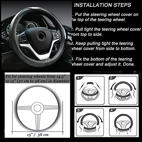 Microfiber Leather Steering Wheel Cover Anti-Slip Matte Finish Auto Car Wheel Cover Universal 15 Inch Wheel Cover for Car Embossing Pattern Black Line