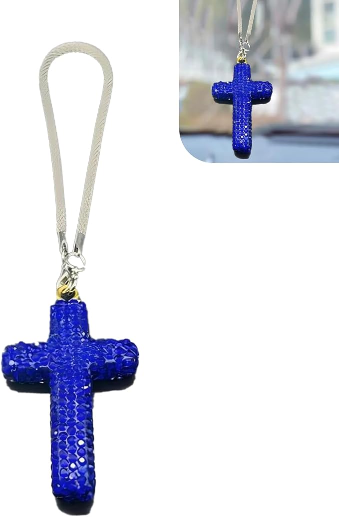 Bling Cross Car Hanging Accessories, Crystal Rhinestone Rear View Mirror Pendant, Religious Rearview Mirrors Decoration Charm, Car Hanging Ornament, Automotive Interior Accessories (Dark Blue)