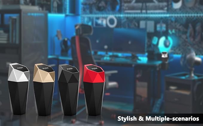 Car Trash Can Cup Holder, Mini Car Trash Can with Lid, Car Accessories for Interior, Leakproof Small Trash Cup for Car, Home with Additional 2 ABS Hooks and 90pcs Trash Bags Golden