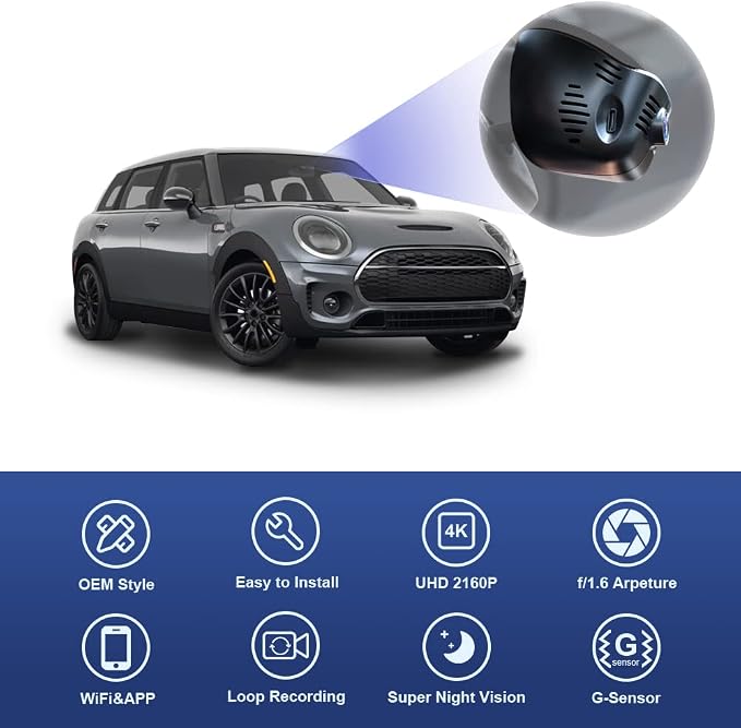 4K Dash Cam Suitable for MINI Cooper Clubman S Countryman (Model C) Convertible F54/F55/F56/F57/F60, OEM Style, 2160P UHD Video, WiFi & APP, Loop Recording G-Sensor, Plug & Play, 64GB Card