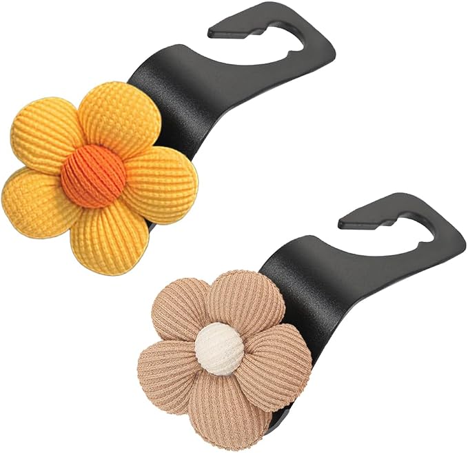 2PCS Car Seat Headrest Hook, Cute Flower Vehicle Backseat Purse Handbag Storage Hanger, Floral Auto Seat Back Holder Hook for Coat Umbrella Grocery, Universal for Vehicles (Brown/Yellow)