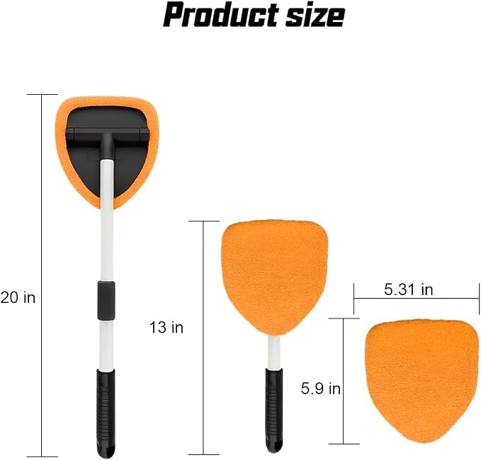 Car Windshield Cleaner Tool, Vehicle Window Detailing Cleaning Kit with Extendable Handle & 4 Washable Microfiber Pad, Auto Glass Wiper Cleaner for Exterior & Interior, Universal Fit (Orange)