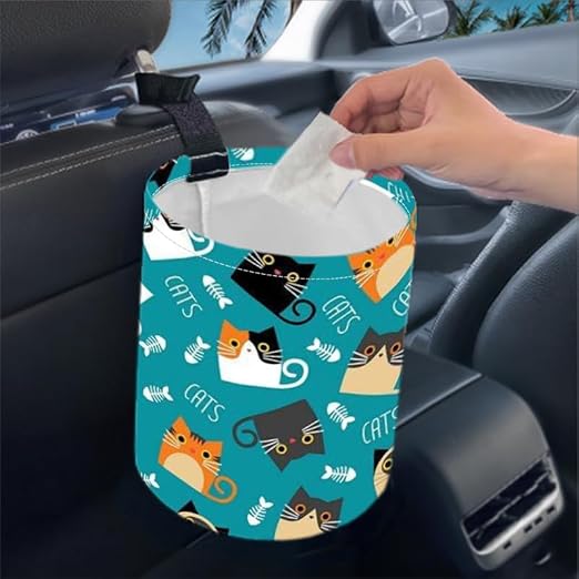 Portable Reusable Waterproof Car Trash Bin, Multipurpose Vehicle Organizer, Road Trip Essentials (Certoon cat)
