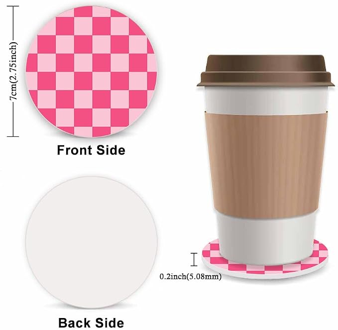 Hot Pink Checkered Steering Wheel Cover for Women, Steering Wheel Covers with Anti-Slip Lining, Universal 14.5-15 inchs Car Interior Accessories with 2PCS Car Coasters Suitable for Men and Women
