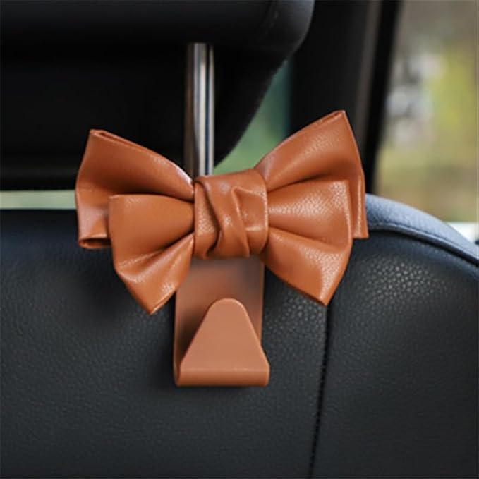 2 Pack Car Purse Hooks, Cute Bow Car Seat Headrest Hook Hanger for Purses and Bags, Space-Saving Car Accessory(brown)