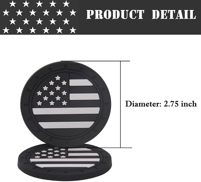2 Pack Car Cup Holder Coaster, 2.75 Inch American Flag Soft Rubber Pad Set Round Auto Cup Holder Insert Drink Coaster Car Interior Accessories (Black White)