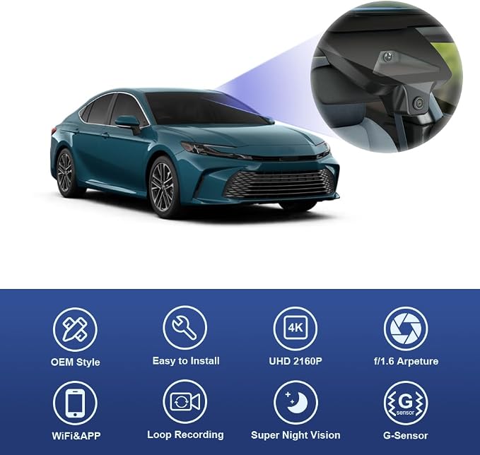 4K Dash Cam Suitable for Toyota Camry 2025-2026 LE SE XLE XSE Nightshade (HD2-06090), OEM Factory Look, UHD 2160P Video, Built-in WiFi & APP, Loop Recording, G-Sensor, Plug & Play, 64GB Card