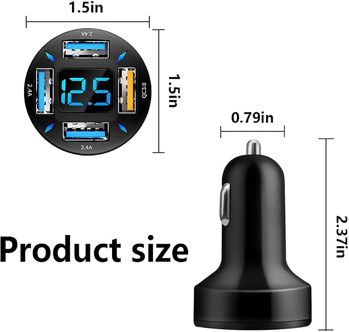 4-in-1 Car Charger 66W Super Fast Charging with USB 2.4A&QC 3.0(Voltmeter&LED Lights) Universal Quick Charge for 12-24V Car Cigarette Lighter Plug(Black-QC/2.4A)