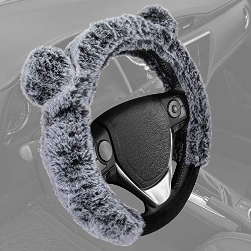 Bear Fur Plush Steering Wheel Cover - Cute Faux Wool Protector for Women Girls Fits Wheels 14.5-15 inch Gray - with Ears