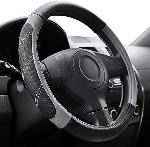 Leather Large Steering Wheel Cover 15 1/2 to 16 inch Soft Grip Breathable for Car Truck SUV Jeep Anti Slip Black and Gray