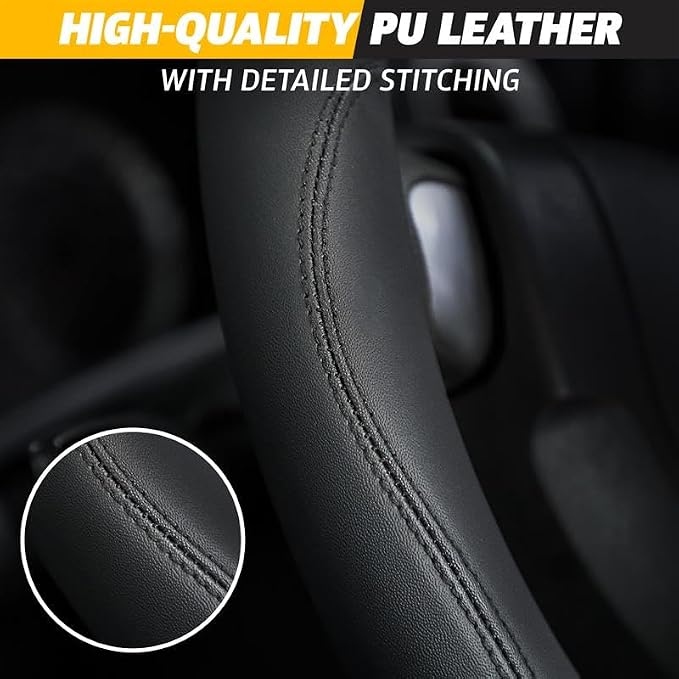 Car Steering Wheel Cover | Premium & Durable PU Leather with Anti-Slip Design | Universal Fit 14.5" - 15" Steering Wheel Cover | Car and Truck Accessories - Black